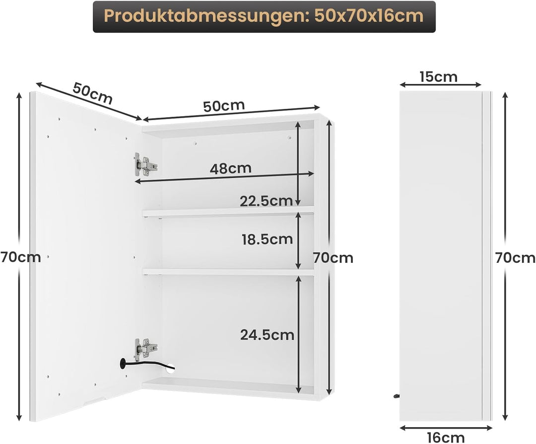 DICTAC Spiegelschrank Bad mit Led Beleuchtung 50x16x70cm Einzeltür Badezimmer spiegelschrank mit lic