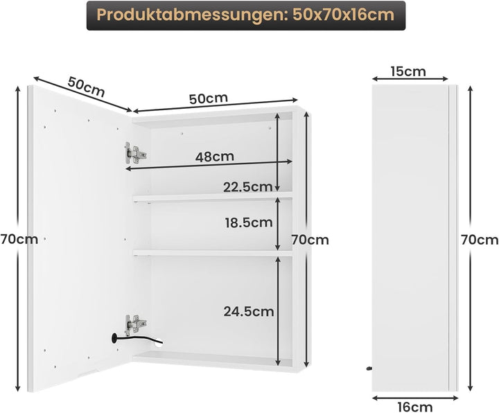 DICTAC Spiegelschrank Bad mit Led Beleuchtung 50x16x70cm Einzeltür Badezimmer spiegelschrank mit lic