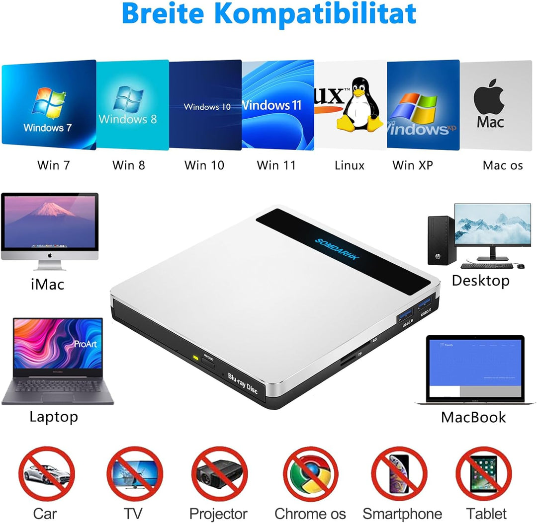 SOMDARHK Externes Blu Ray Laufwerk, USB 3.0 Type C Externer CD DVD Brenner mit SD/TF Slot & 2 USB, T
