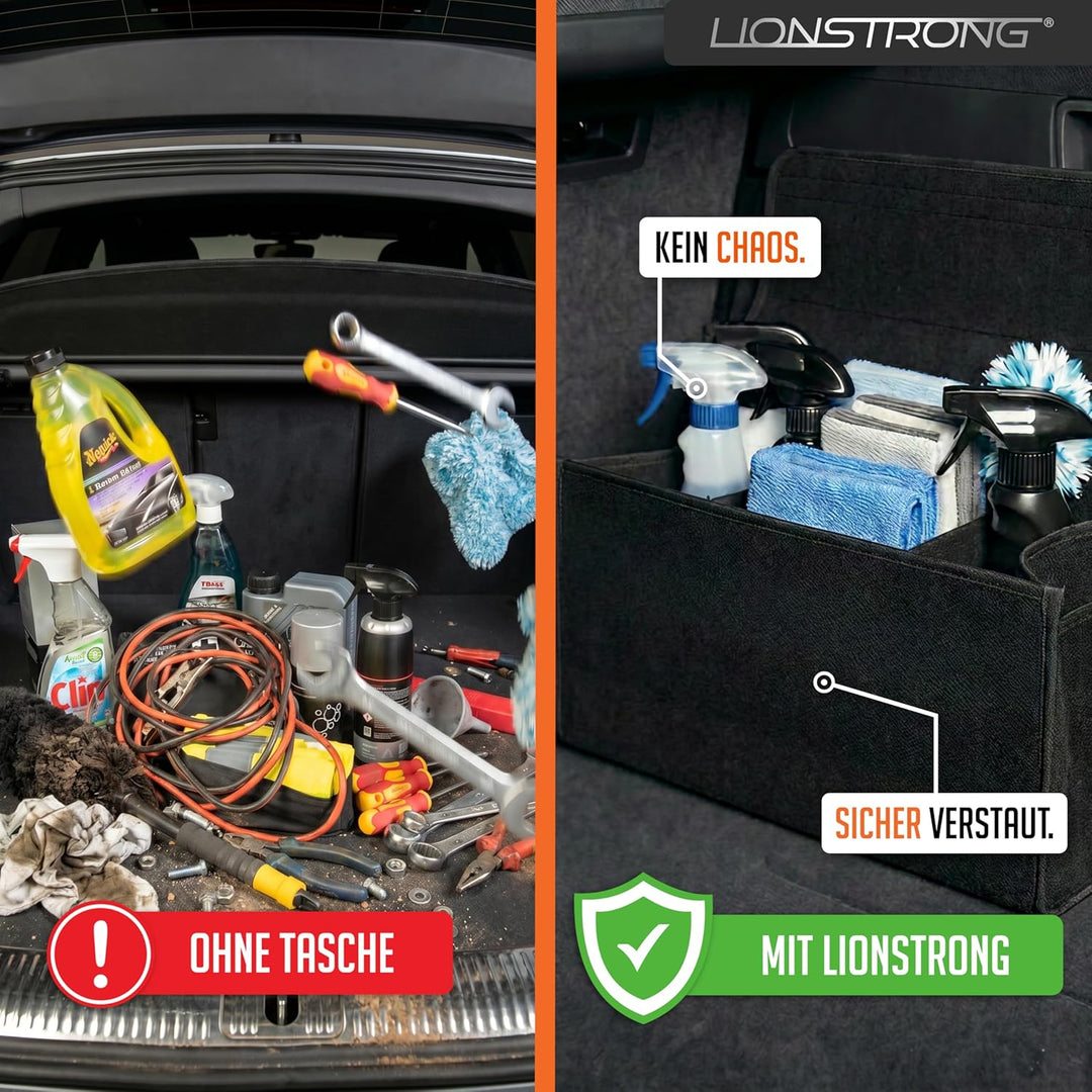 Auto Kofferraumtasche [HOCHWERTIGER FILZ] – Faltbar – Rutschfest mit Klettbändern zu befestigen – We