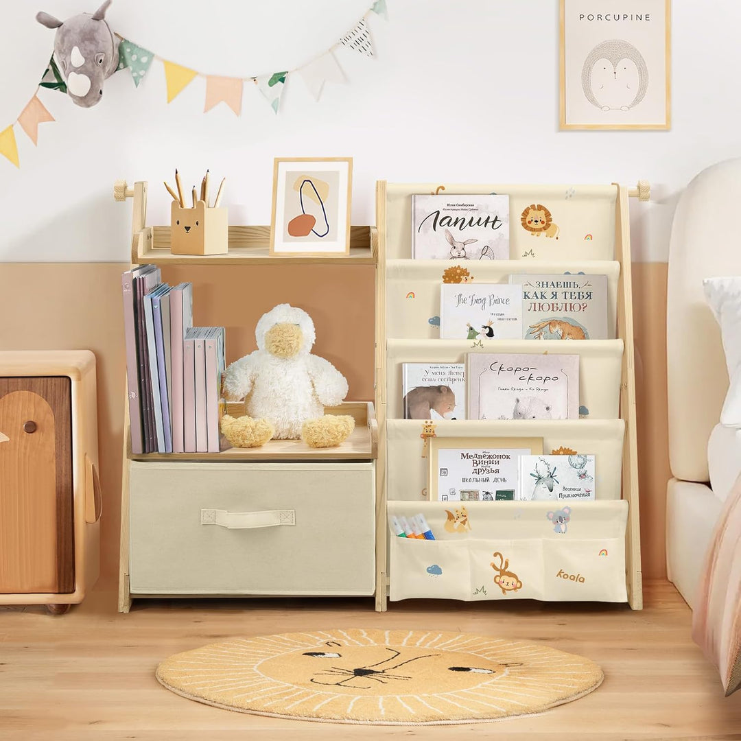 Bücherregal Kinder Kinderzimmer Spielzeug Aufbewahrung mit 4 Regalebenen & Aufbewahrungsbox, Kinderr