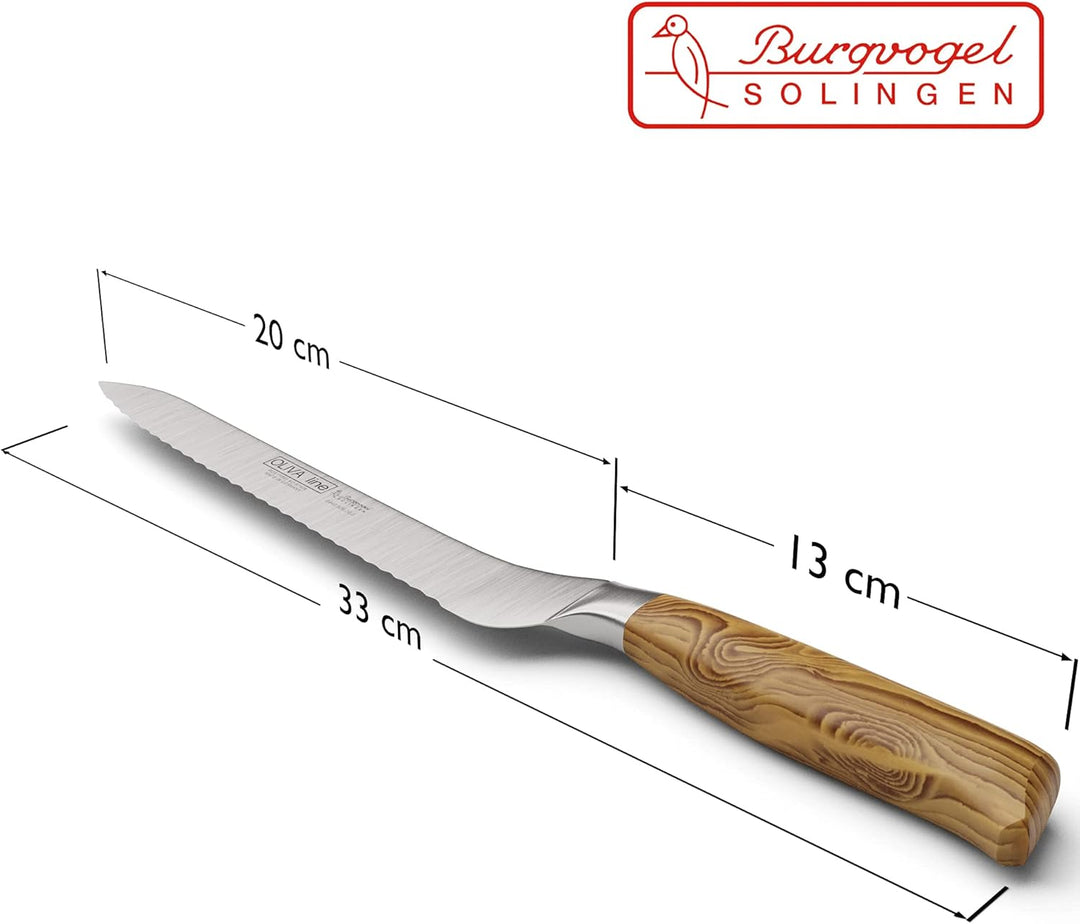 Burgvogel Solingen Brotmesser 20 cm geschmiedet Olivenholz, Oliva Line, Wellenschliff, rostfrei, hel