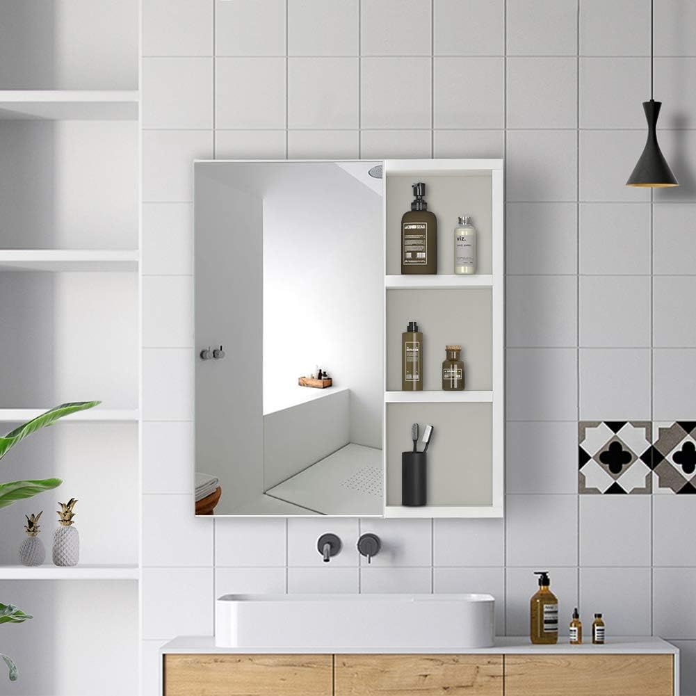 CLIPOP Badezimmer Spiegelschrank,Badezimmerschrank mit Einzeltür Verspiegelt und 2 Einlegeböden,Holz