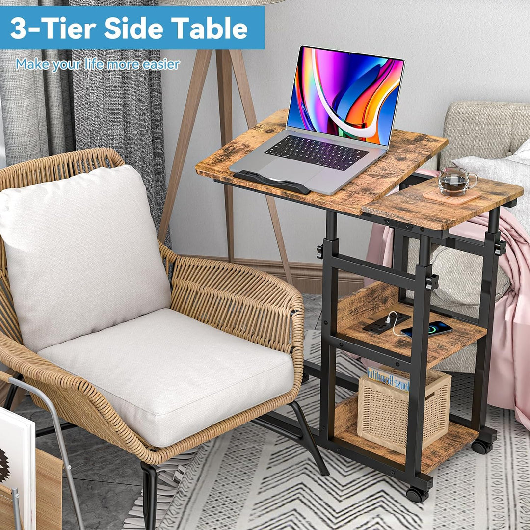 PIPIPOXER Beistelltisch mit Rollen, 80cm x 40 cm Sofatisch Rollen mit Steckdose & USB, Laptoptisch H