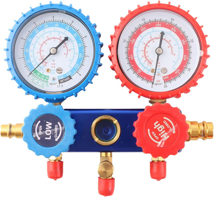 SOULONG R134a Manometer mit dreifarbigen Ladeschläuchen und Adapter, für Klimaanlagen im Auto