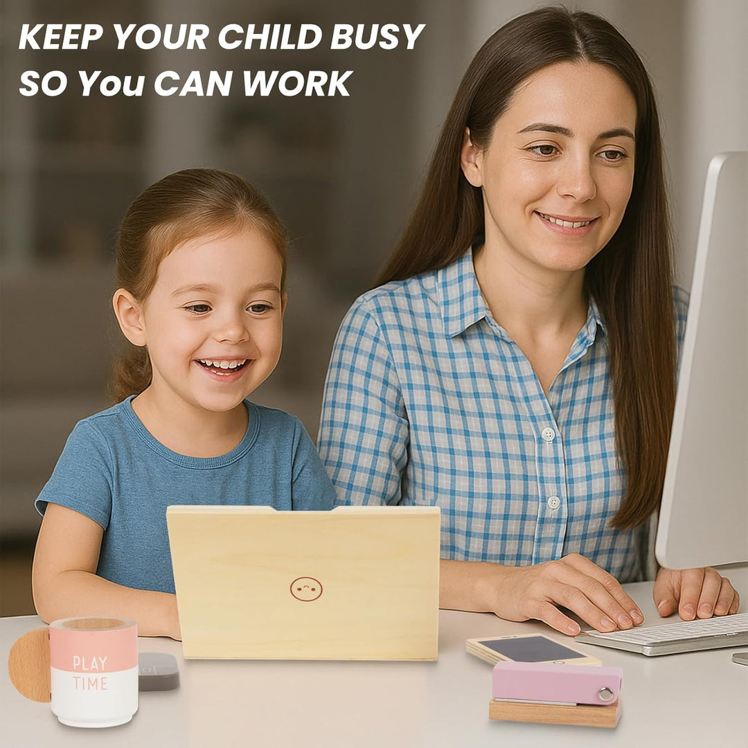 Pretend Play Home Office Set für Kinder,10Pcs Büro Playset mit hölzernem Spielzeug Laptop-Telefon fü