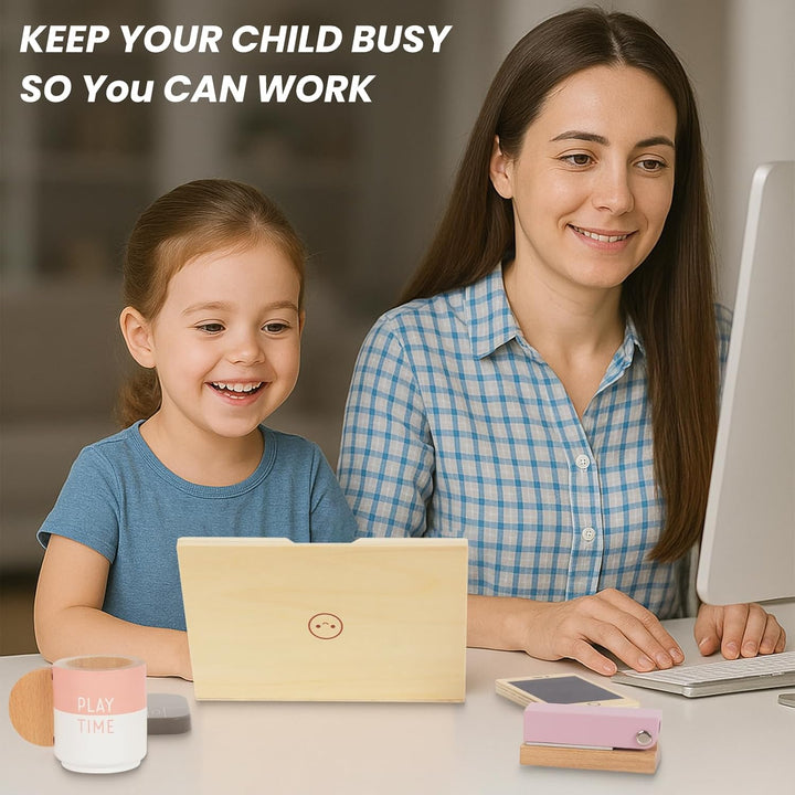 Pretend Play Home Office Set für Kinder,10Pcs Büro Playset mit hölzernem Spielzeug Laptop-Telefon fü