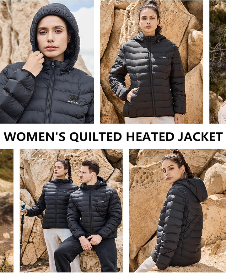 HEWINZE Beheizbare Jacke Damen Herren mit kapuze,Warme Pufferjacke Damen Herren mit akku,Winterjacke
