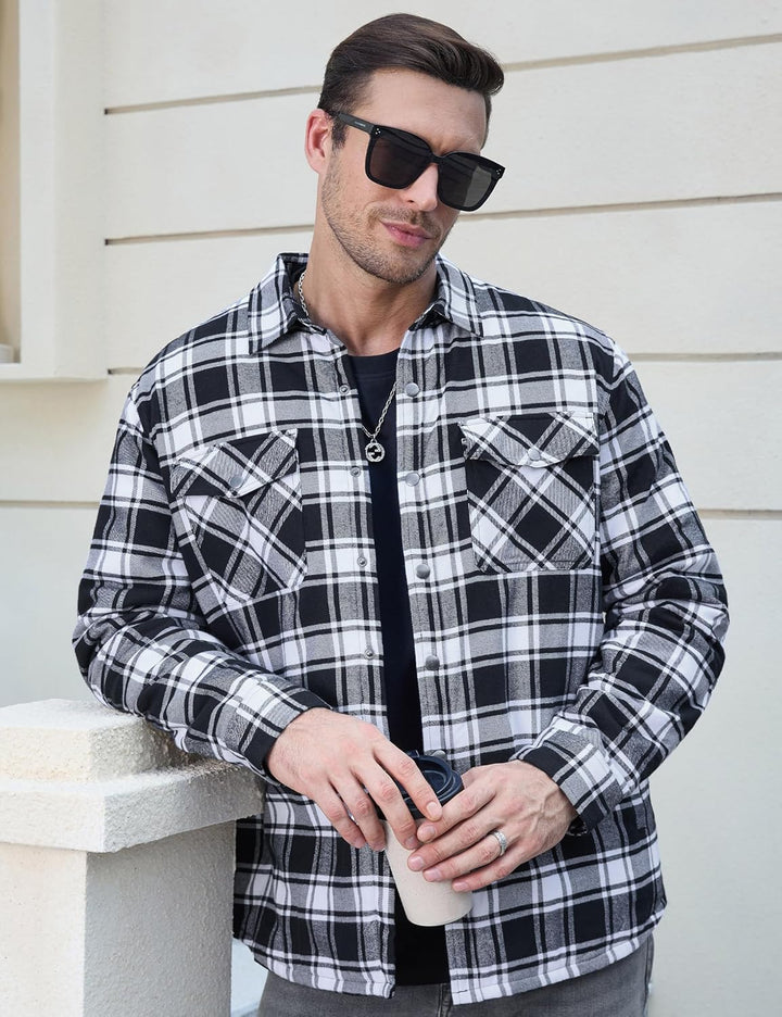 TACVASEN Herren Karierte Hemdjacke Flanellhemd Holzfällerhemd Thermohemd Jacke 3XL Schwarz, 3XL Schw