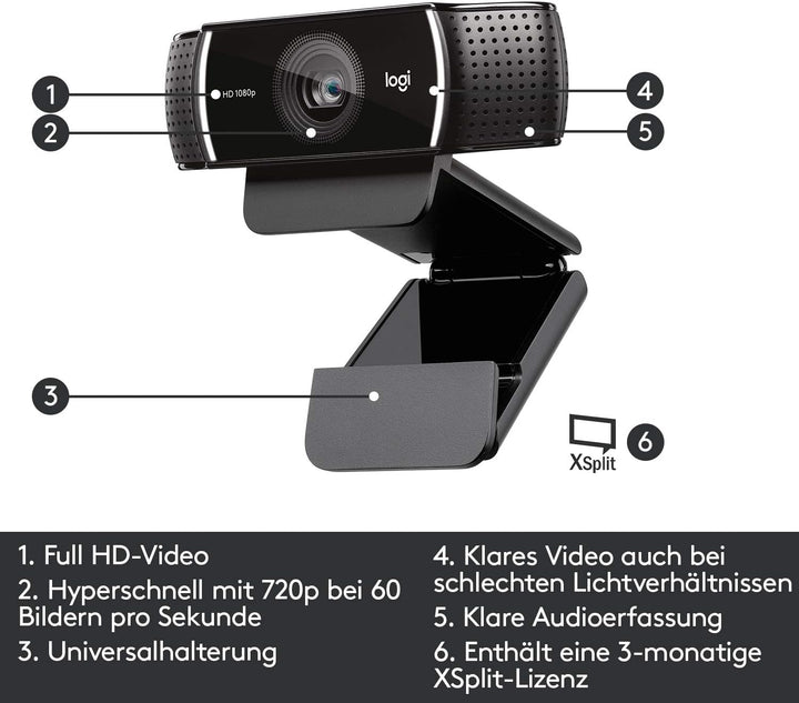 Logitech C922 PRO Webcam mit Stativ, Full-HD 1080p, 78° Sichtfeld, Autofokus, Belichtungskorrektur,