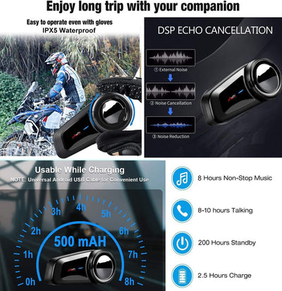 QSPORTPEAK M2 Motorrad Bluetooth Headset 5.0, Helm Intercom bis zu 6 Fahrer Gleichzeitige Kommunikat