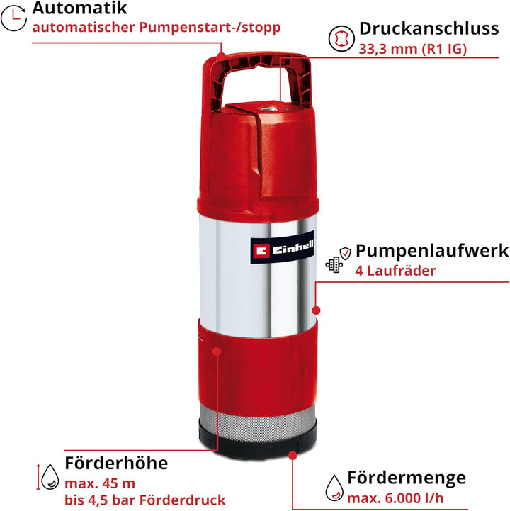 Einhell Tauchdruckpumpe GE-PP 1050 N-A (1050 Watt, bis zu 6000 L/h, 45 m Förderhöhe, 4,5 bar Förderd
