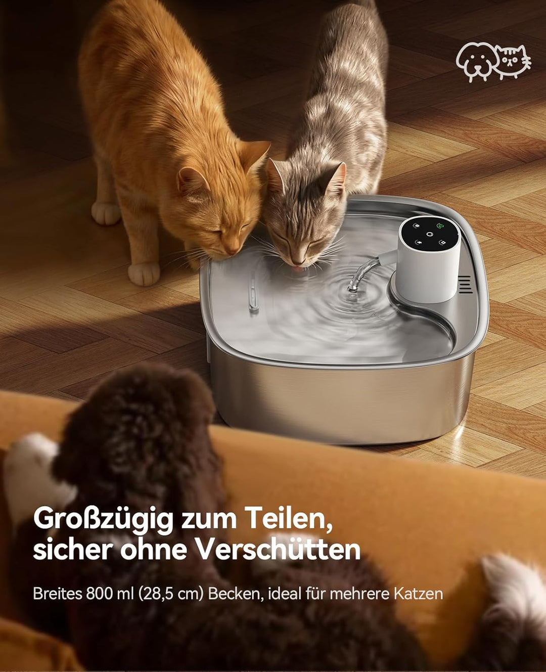 FEELNEEDY 8L Katzenbrunnen Kabellos, 5000mAh Trinkbrunnen für Hunde mit 3 Filters, Katzenbrunnen Ede