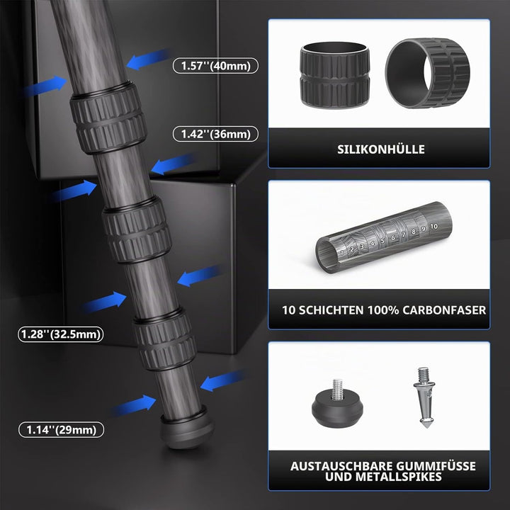 WEYLLAN Carbon Fiber Stativ 160cm, Tripod Carbon Fiber, Reisestativ aus Kohlefaser, Kamera Stativ Mi