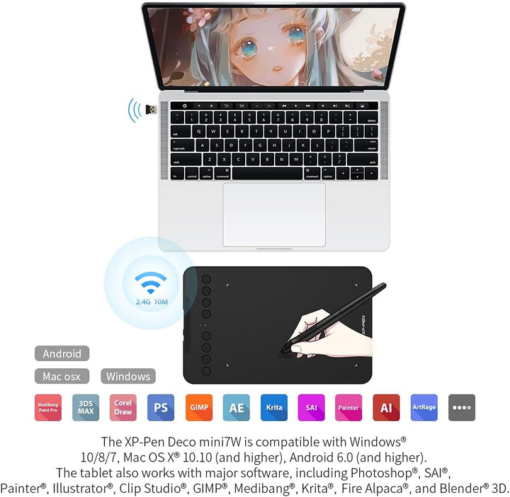 XP-PEN Deco Mini 7W Grafiktablett, 7,03''x4,38'' Pad, 2.4G Wireless Stift Tablett, zum Zeichnen, Des