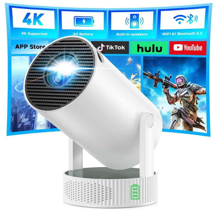 Beamer mit Akku, Mini Projektor Unterstützung 4K Auflösung, 220° Drehung, integriertem Lautsprecher