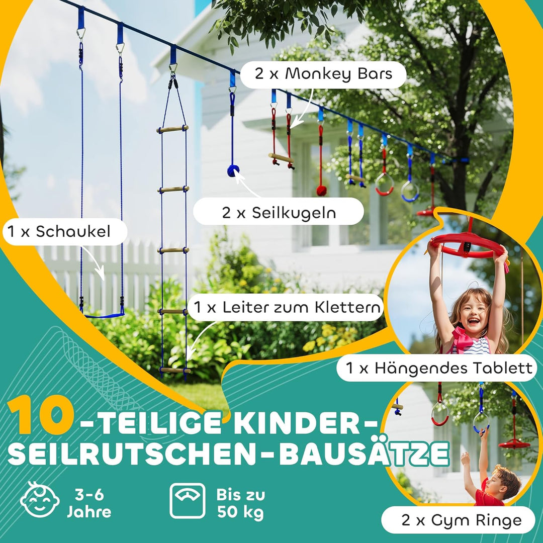 AIYAPLAY Ninja Line Kinder 10m Slackline Set mit Turnringe, Schaukel, Kletterleiter, Baumschutz, Kle