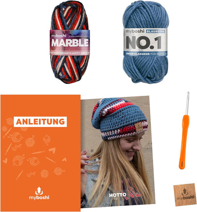 myboshi Häkelset Beanie Hotto, ink. Marble und No.1 Wolle, Nadel und Anleitung, für Mütze und Schal,