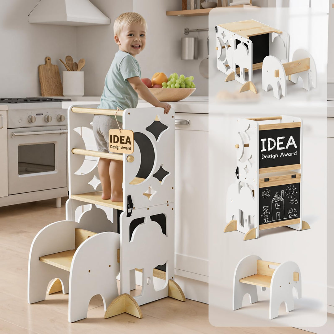 COSYLAND Lernturm ab 1 Jahr, klappbar – 4in1 Lernturm Kinder mit Doppeltafel, Stehhilfe & Schreibtis