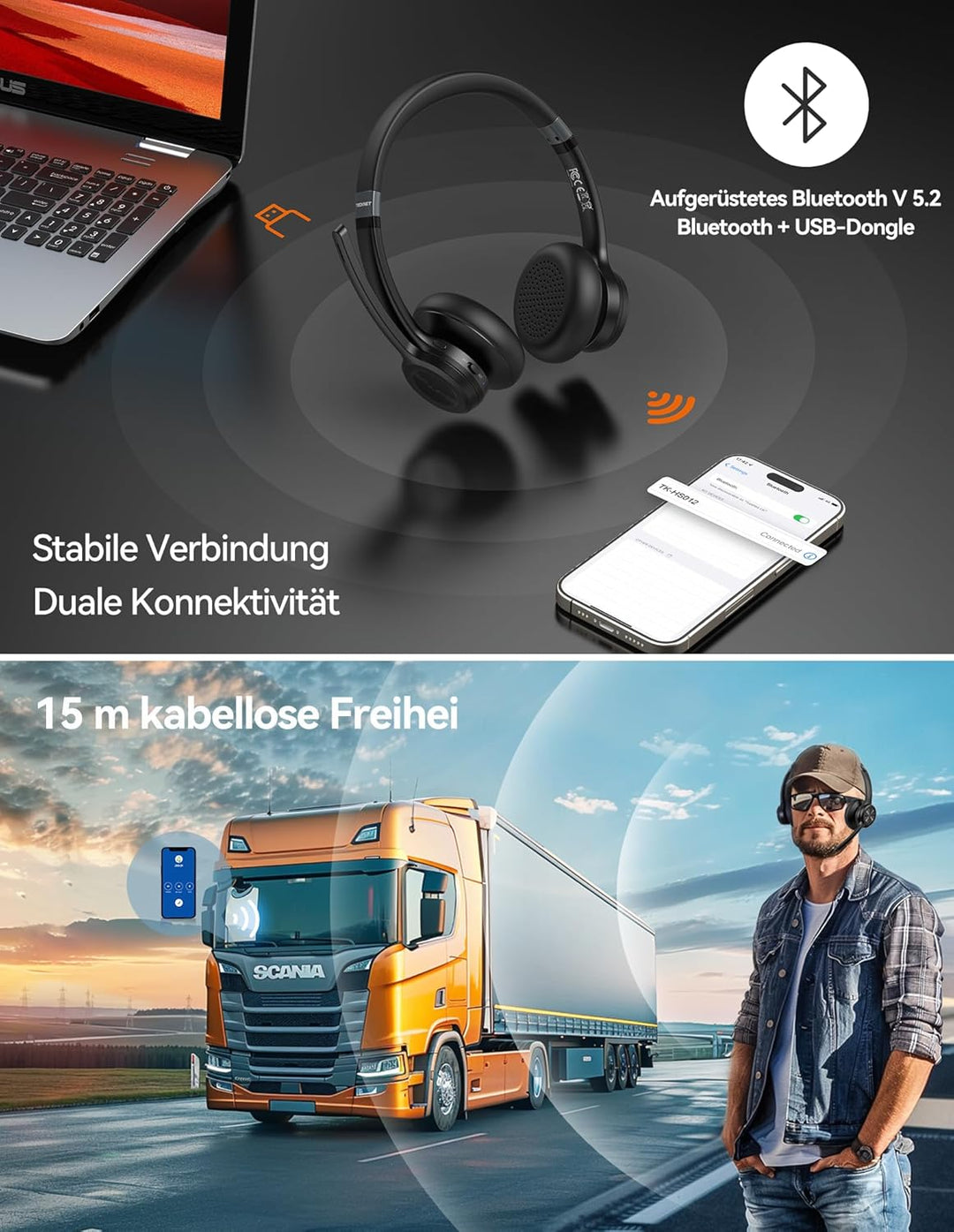 TECKNET V5.2 Bluetooth Headset mit Mikrofon & USB Dongle Wireless Headset mit Noise Cancelling und S