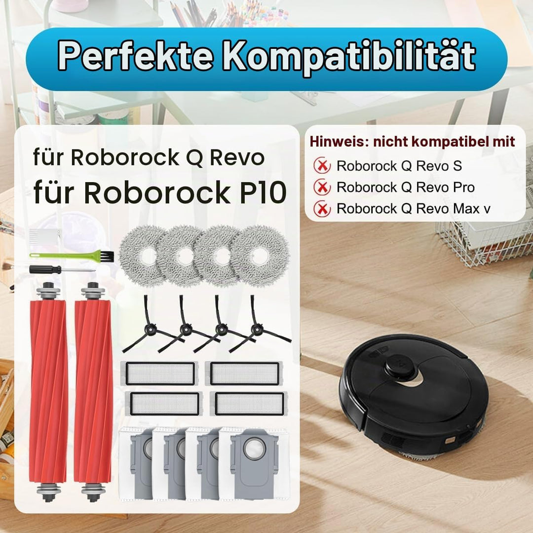 DrRobor Zubehörset für Roborock Q Revo, Ersatzteile Kit mit 2 Hauptbürste, 4 Wischpads, 4 Staubbeute