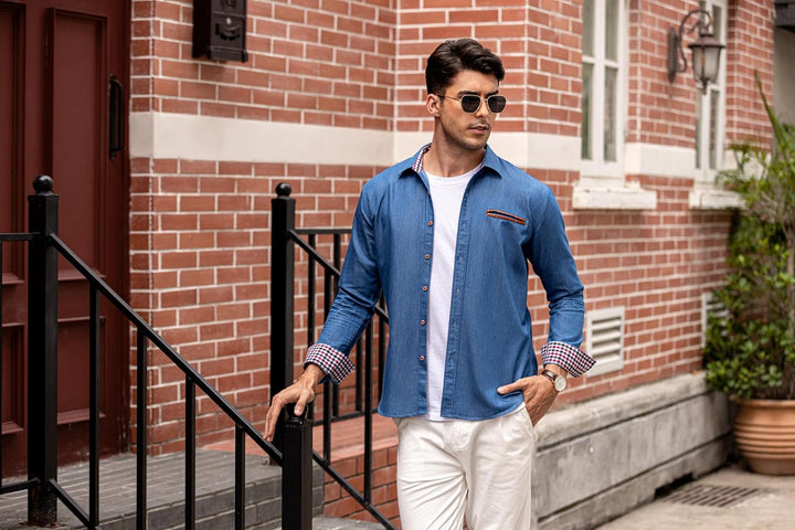 COOFANDY Herren Hemd Langarm Jeanshemd Denim Shirt Kent-Kragen Langarmhemd Cowboy-Style Freizeit Hem