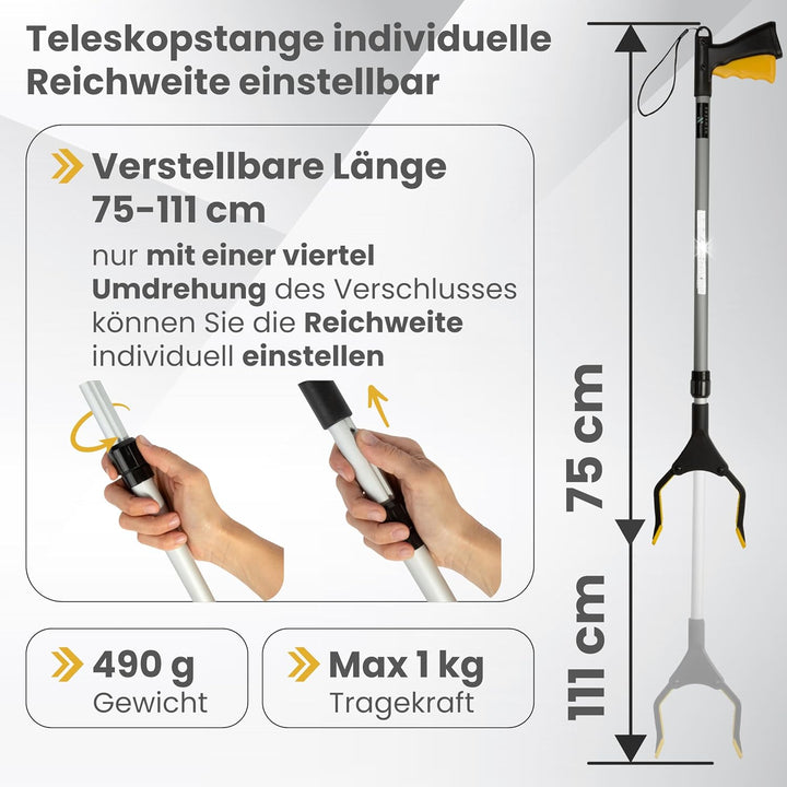 [75-111cm] Greifzange für Senioren, Greifer mit Aluminium Teleskop Stange für individuelle Einstellu