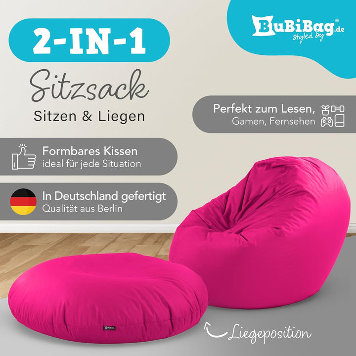 BuBiBag 2in1 Sitzsack L - XXL mit Füllung für Kinder &amp; Erwachsene, Gaming Beanbag &amp; Bodenkissen für