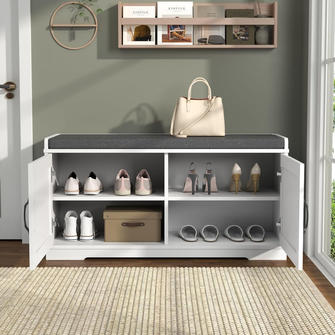 Schuhbank Schwarz, Schuhregal mit Sitzfläche, Schuhschrank mit Sitzkissen, Schuhbank mit Türen, Schu