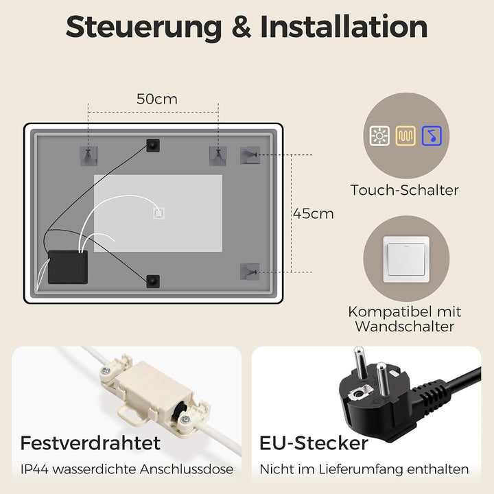 STARLEAD 70x100cm Schwarz LED-Badspiegel-mit-Beleuchtung und Bluetooth, Entfoggen, Dimmbar, 3 Lichtf