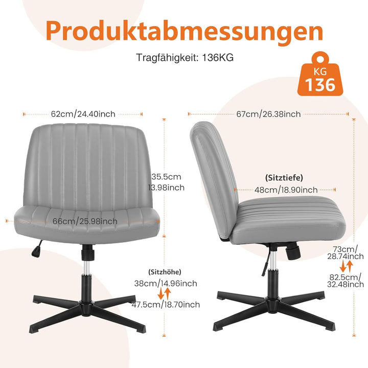 Sweetcrispy Bürostuhl Ohne Armlehnen, Höhenverstellbar Schreibtischstuhl mit PU-Leder, Lesesessel mi