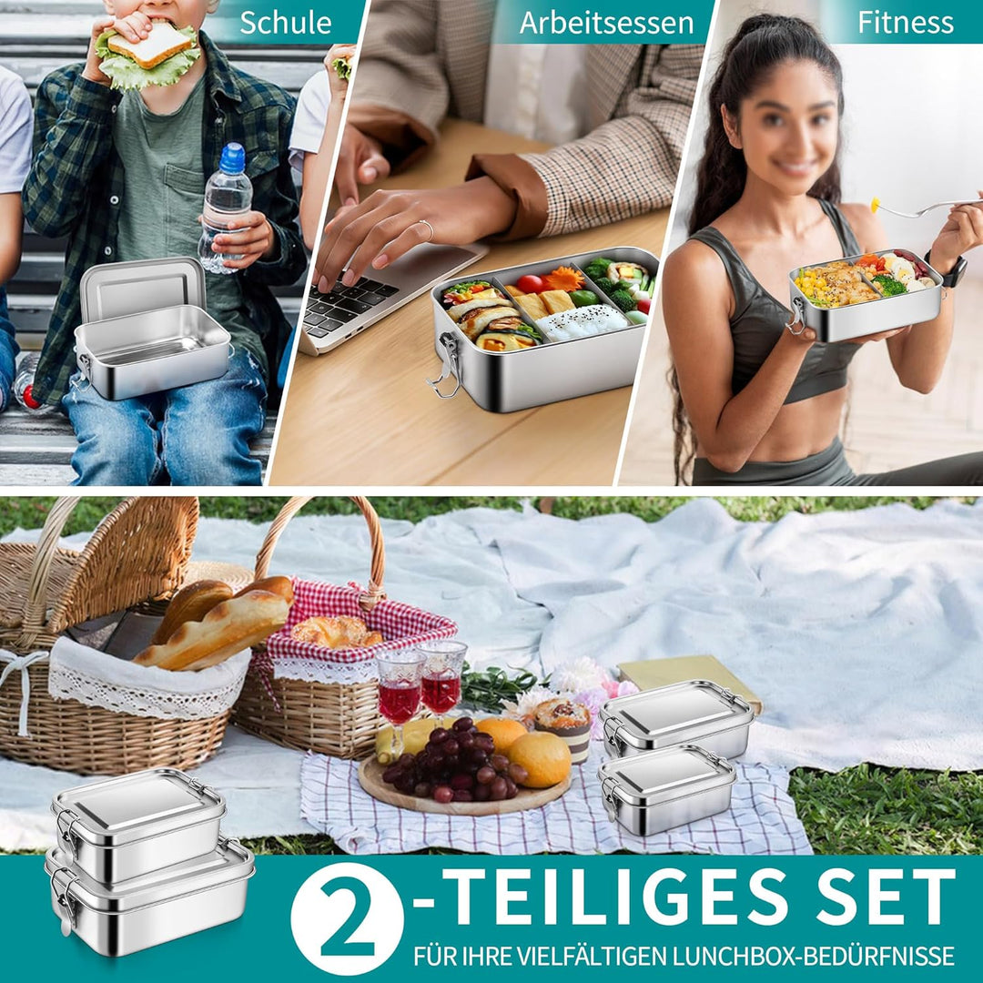 Joyfair Brotdose mit Fächern, 2 Stück Edelstahl Bento Box mit Abnehmbar Fächern für Erwachsene & Kin