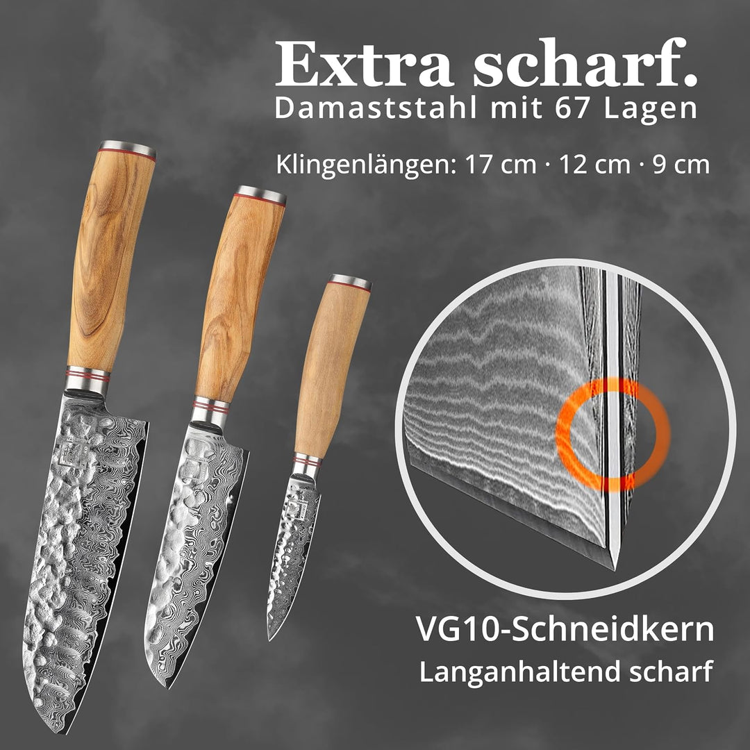 zayiko Minami Premium 3er Damastmesser-Set mit Klingen von 9-17 cm gefertigt aus 67 Lagen echtem Dam