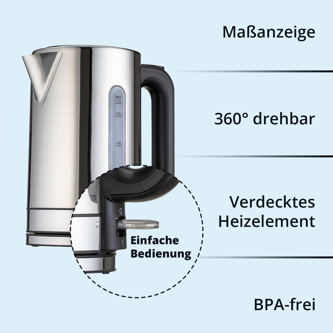 KHG Wasserkocher WK-1702 (ES) | aus Edelstahl für 1,7 Liter Kapazität | Wasserstandsanzeige | Trocke