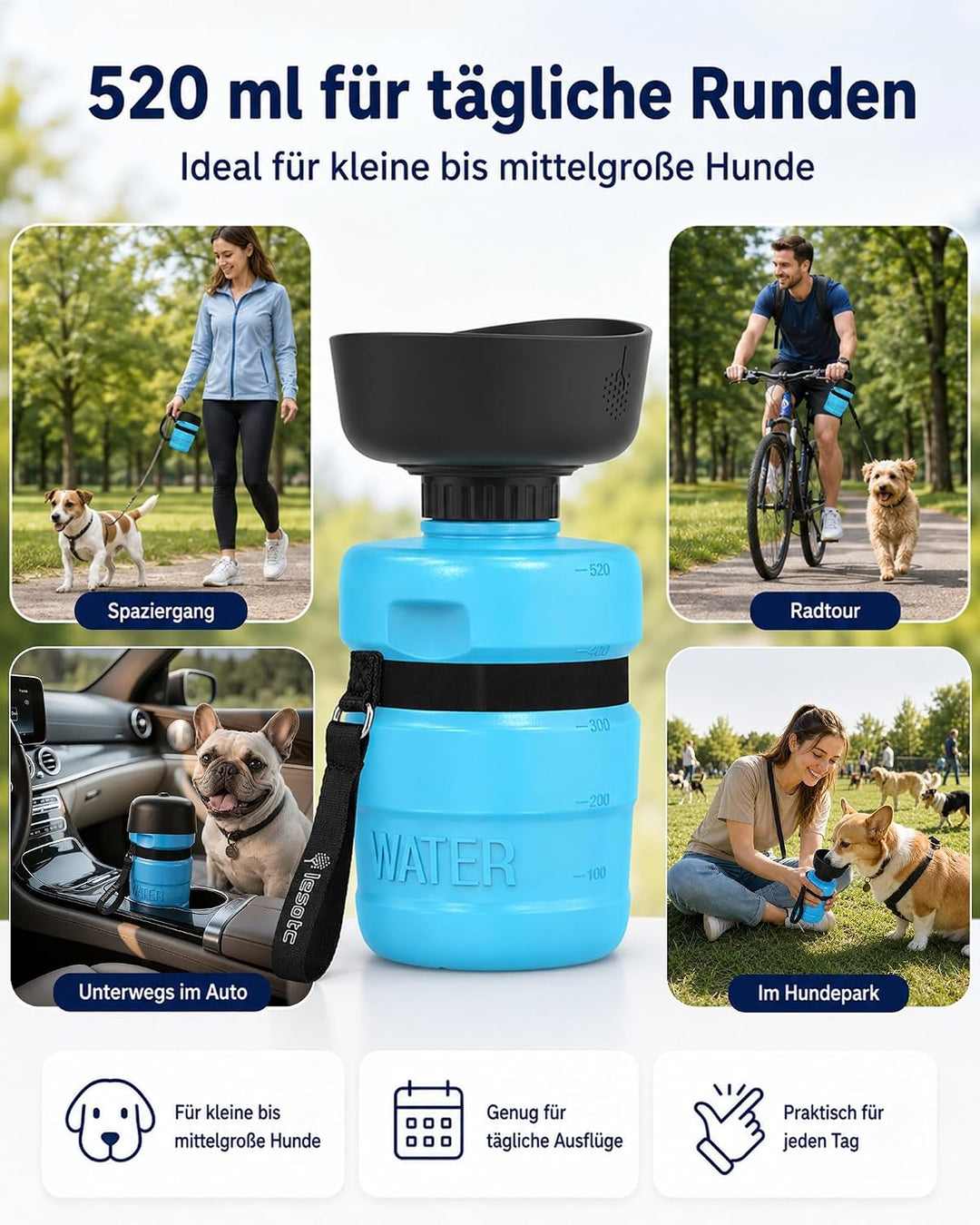 lesotc 520ml Hundetrinkflasche für unterwegs, Faltbare Hund Auslaufsicher Wasserflasche, Hunde Wasse