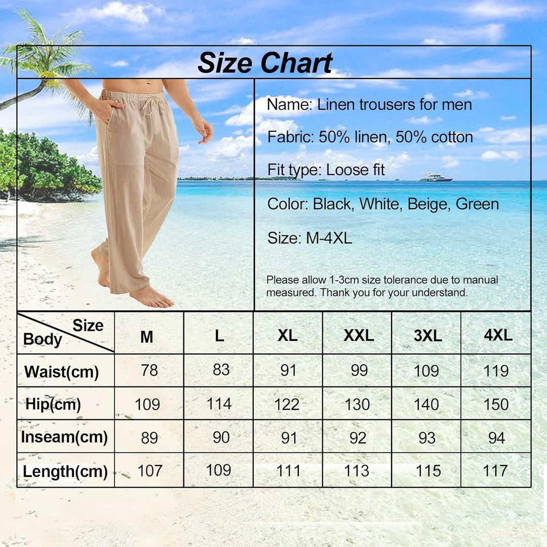 Halfword Leinenhose Herren Hose Lang Freizeithose Strandhose Sommer Leichte Tasche Kordelzug Urlaub