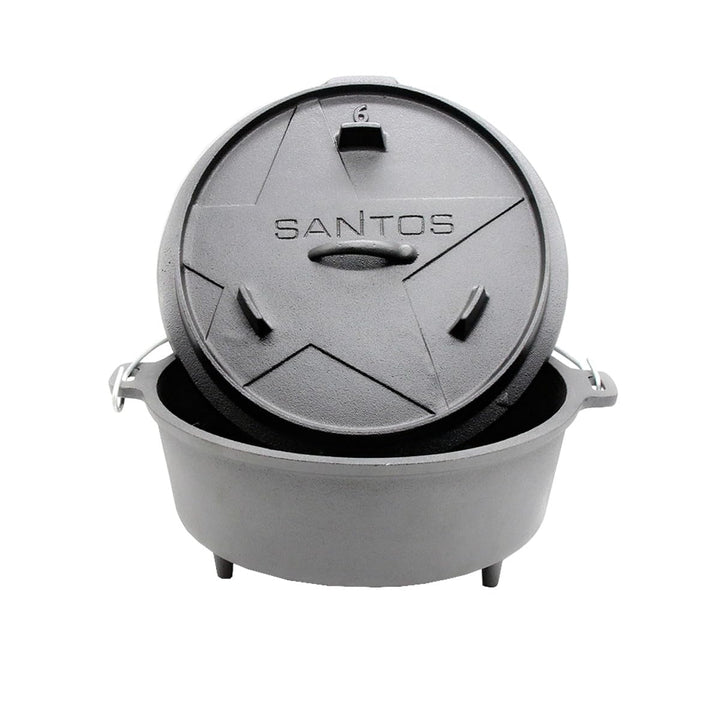 SANTOS Dutch Oven mit Deckel - Schmortopf für Aussenküche - 5,7 L/6 Qt. Feuertopf mit Füssen - Gusse
