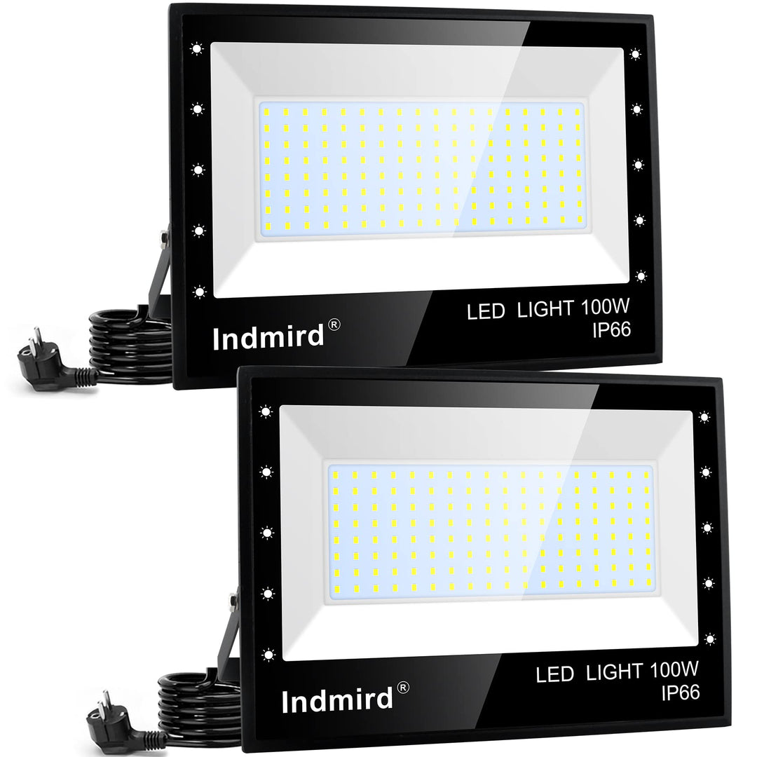 Indmird LED Strahler Aussen 100W, 2 Stücke Superhell 10000LM LED Fluter 6500K Kaltweiss LED Scheinwe