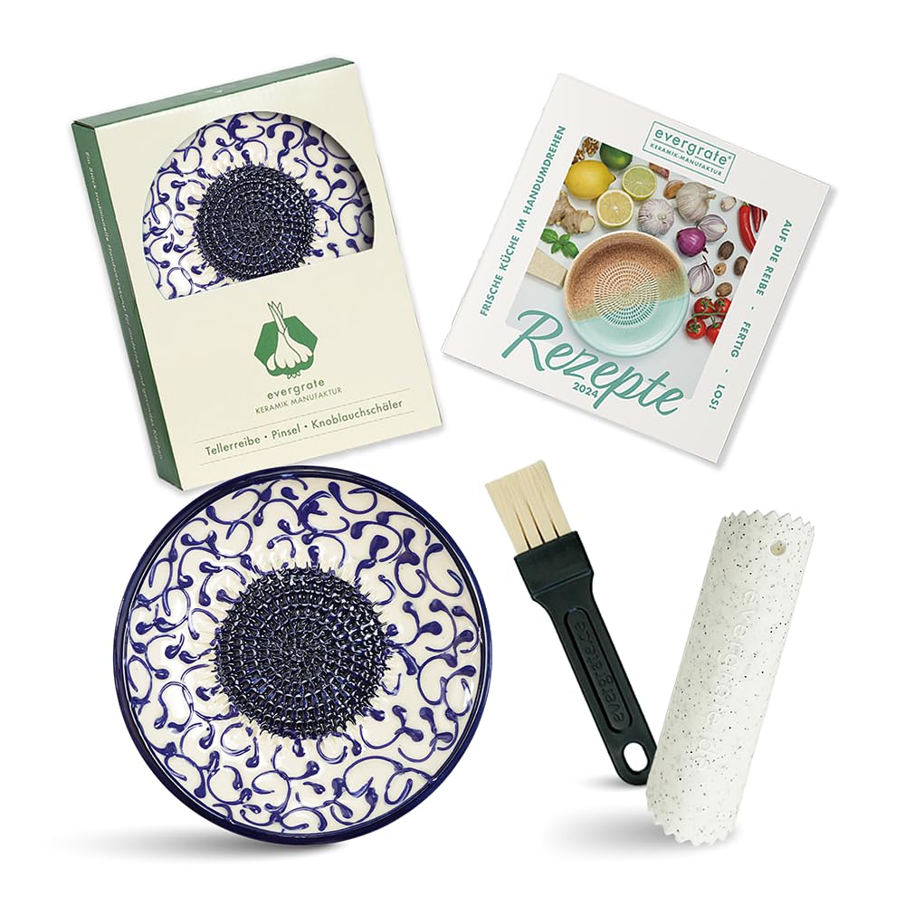 Evergrate® Keramikreibe Celia mit Geschenkbox – mit Reibe, Knoblauchschäler, Rezeptheft & Pinsel – H