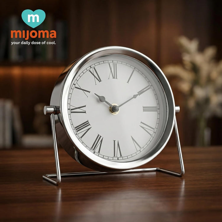 MIJOMA Retro Tischuhr Metall Silber – Vintage Design Uhr mit römischen Ziffern – Batteriebetriebene