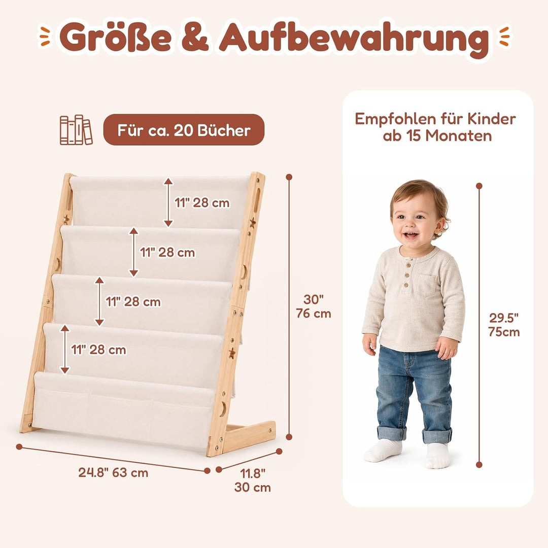 COSYLAND Bücherregal Kinder aus Kiefernholz, 4 Tiefe Fächer für Übersicht | Cover frontal sichtbar,