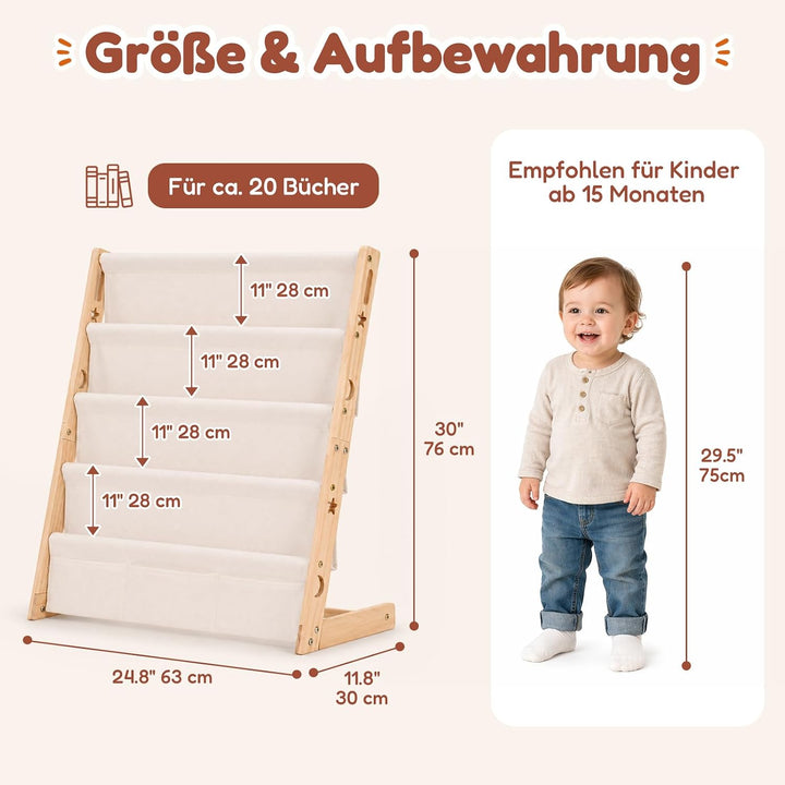 COSYLAND Bücherregal Kinder aus Kiefernholz, 4 Tiefe Fächer für Übersicht | Cover frontal sichtbar,