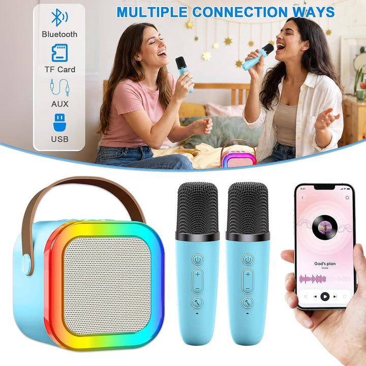 Mini Karaoke Maschine mit 2 Drahtlosen Mikrofonen, Karaoke Maschine Kinder, tragbarer Bluetooth-Laut