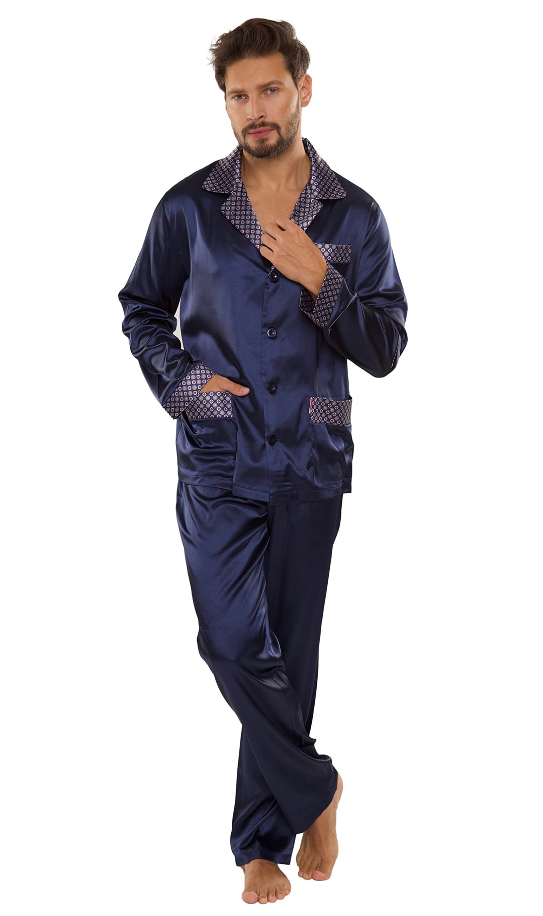 edler und hochwertiger Satin-Pyjama Herren-Schlafanzug Hausanzug, M Marine
