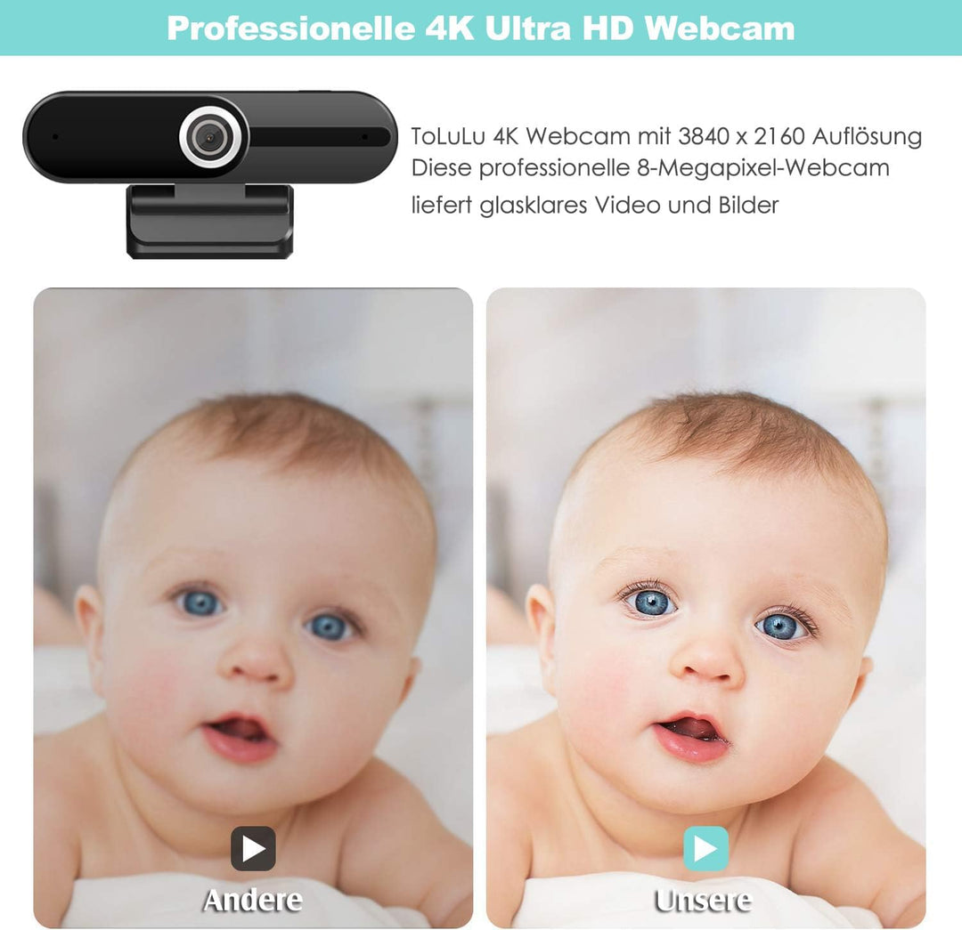 Webcam 4K 1080P mit Mikrofon 8 Megapixel USB Computer Web-Kamera Privatsphäre Auslöser und Stativ, P