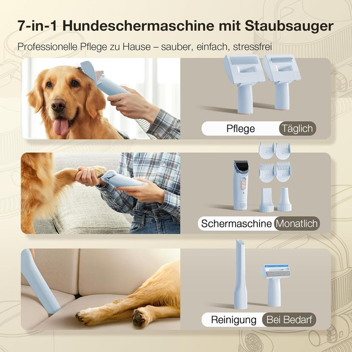 Hundeschermaschine mit Staubsauger, 7-in-1 Tierpflege Set mit 11000 Pa Saugkraft, Leise Fellpflegege