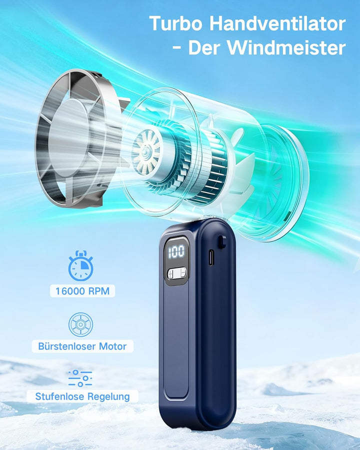 【2026 Neu】 Tragbarer Handventilator 3-in-1, 16000 RPM Super Turbo Ventilator, 5000mAh Akku aufladbar