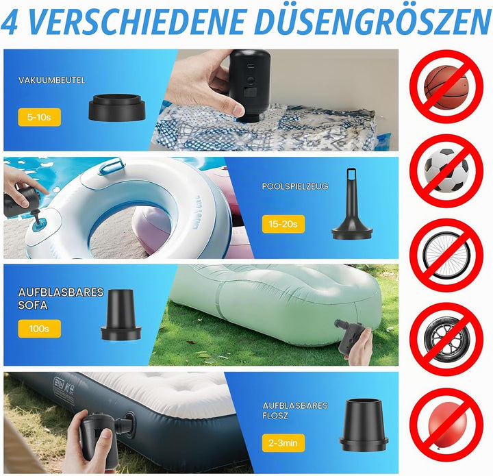 Elektrische Luftpumpe, 3600mAh USB-Ladebare Akku-Pumpe, Mini Luftpumpe Elektrisch Inflator, 280L/Min