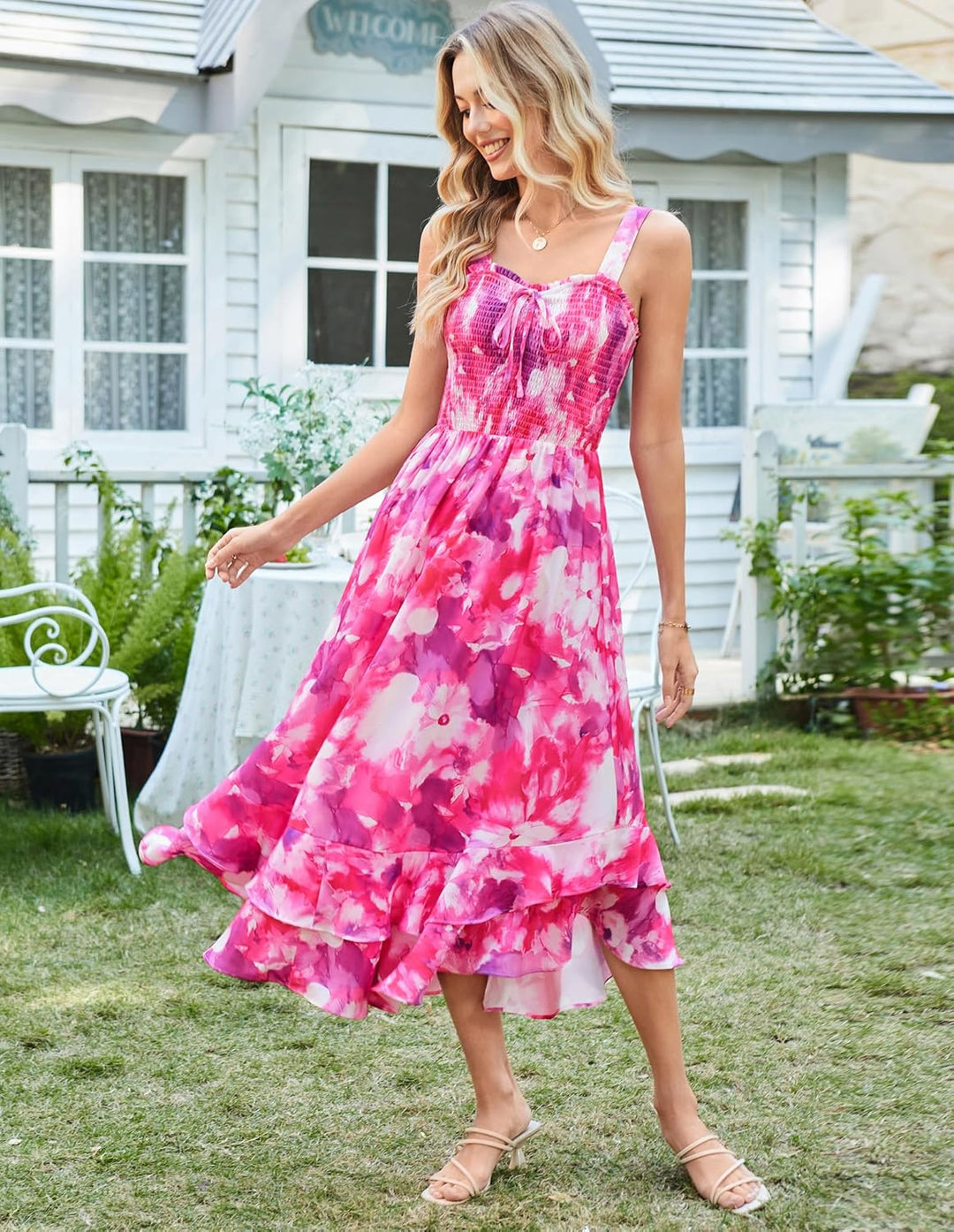 GRACE KARIN Damen langes Blumenkleid Ärmellos Spaghettiträger Freizeitkleid Böhmisch Maxikleid Stran