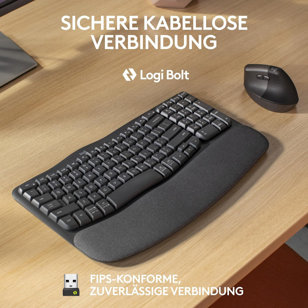 Logitech Wave Keys for Business, kabellose ergonomische Tastatur mit gepolsterter Handballenauflage,